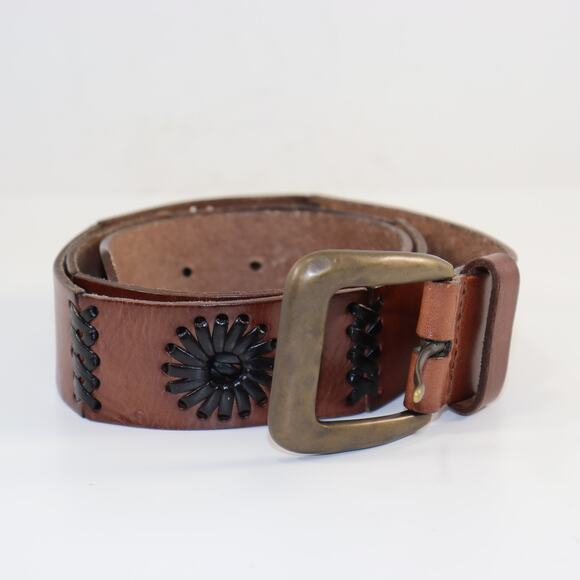 Brown Leather Belt with Black Lacing and Brass Buckle - Size M - Picture 1 of 3